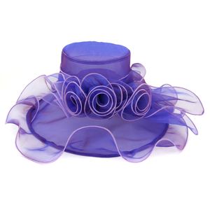 x147教会の帽子の花大きな縁fedoraケンタッキーダービー帽子for wedding purple red party wide organza hats漁師帽子