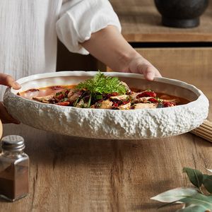 Piatto da pranzo in ceramica bianca ovale unico Piatto in ceramica con bordo in pietra Piatti in ceramica per insalata di pasta profonda Piatti da portata Piatti di pesce per ristorante