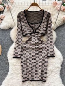 Casual Dresses Women's 2022 Autumn Brand Fashion Geometric Knitted Cardigan+Spaghetti Shoulder Strap Packaging Hip Mini Dress Set P230606