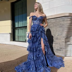 Royal Blue Prom Dress Beading Sequined Formal Occasion Dress 2023 Applices Side Split Sexig Long Evening Gown Robe de Bal