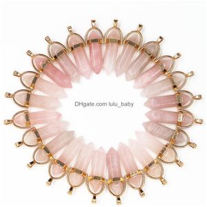 Charms Natural Stone Rose Quartz Pillar Gold Pendant Fashion Healing Pendum Halsband smycken som gör grossistdrop leverans fynd DHZWL