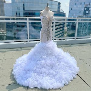 여성을위한 화이트 머메이드 댄스 파티 드레스 Strapless Beads Crystal Ruffles 럭셔리 이브닝 드레스 공식 파티 가운 Vestidos Prom 2023