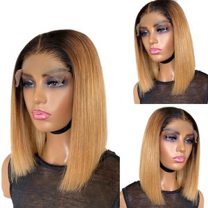 Синтетические парики Короткие Ombre Honey Blonde Bob Wig With Baby Hair Brown Straight Human Lace Part 1b27 Для чернокожих женщин 230630