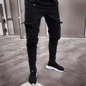 Nya män design jeans vår svart rippade nödställda hål design jean blyertsbyxor hommes pantalones med fickor212h