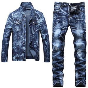 Casual solto masculino 2 peças conjuntos irregular tie dye manga longa denim jaqueta e jeans rasgados primavera outono tamanho M-5XL roupa masculina