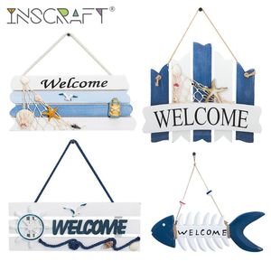 Sets Welcome Wooden Beach Bar Sign Wall Hanging Coastal Wood Fish Ornament Bathroom Wc Plaque Decoration for Home Office