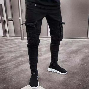 جديد تصميم الرجال الجينز الربيع الأسود ممزق ثقوب يؤلمها تصميم جان سروال رصاص hommes pantalones مع جيوب