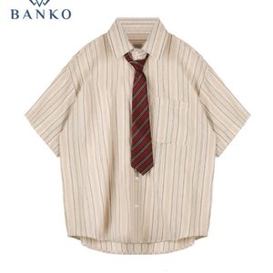 Women's Blouses Shirts Summer Preppy Style Stripe Shirt With Tie Women Korean Chic Short Sleeve Y2k All Match Tops Vintage Harajuku Girl Blouse Clothes l230630