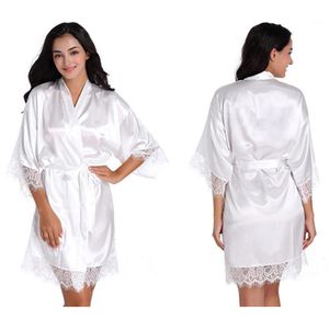 Saten Ipek kadın Gelin Kısa Dantel Up Kimono Robe Pijama Seksi Bayan Düğün Elbiseler Sabahlık Elbise279V