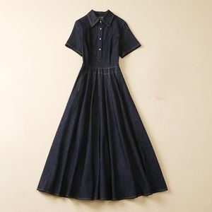 2023 Summer Black Solid Color Panelled Denim Dress Short Sleeve Lapel Neck Midi Casual Dresses A3L201537