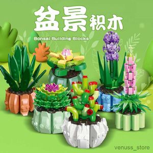 Block Potted Plants Hyacinth Succulents Cactus Lotus Bonsai Gardens Romantiska byggstenar Modell Kid Kits Toy R230701