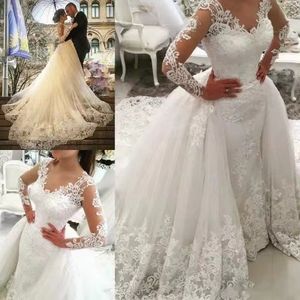 Wed Dress Plus Size Mermaid Wedding Dresses Bridal Gown With Detachable Train Long Sleeves Lace Applique Crystals Beaded Beach Ruffles Custom Vestidos De Novia