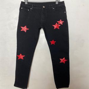 Pantaloni jeans da uomo Pelle skinny lunga Nero rosso bianco Stella a cinque punte Distruggi la trapunta Strappato Stilista foro dritto jea255R