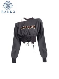 Kvinnors hoodies tröjor Autumn Women Sweatshirt Harajuku Crop Tops Y2K Pullover E-Girl Off Shoulder Hoodies Clothes Streetwear Clubwear Fashion 230630