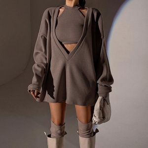 Two Piece Dress HOUZHOU Knitted 2 Pieces Set Elegant Female Women V Neck Long Sleeve Outfit Pullover Crop Top Streetwear Suits Autumn 230630