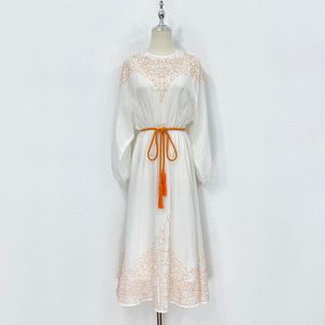 Australian designer dress white batwing sleeve gathered wais embroidery linen long dress