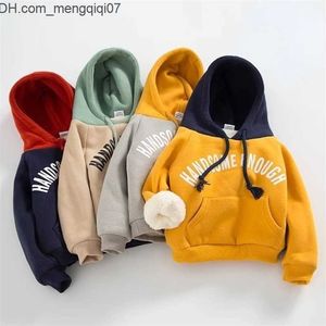 Hoodies Sweatshirts Winter Kid Thick Fleece Hoodie 3-8Y Crianças Roupas de Manga Longa Fall Boy Letter Hooded Sweatshirt Baby Girls Casual Solto Hoody 220110 Z230701