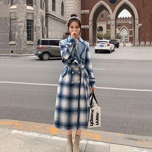 T-Shirt Deat Woman Woolen Coat Blue Plaid Color Block with Sashes Vintage Style Lapel Collar Loose Jackets 2023 Autumn Fashion 15ak065