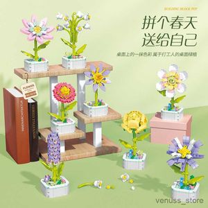 Blocks Rose Bouquet Beautiful Flower Succulents Potted Building Blocks Romantic Kit Assembly Building Toy girl gift R230701