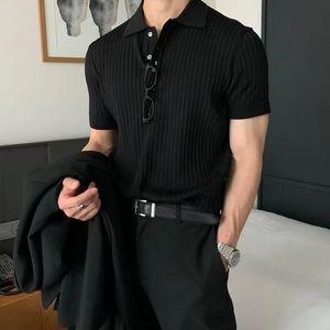 Männer Polos Revers Kurzarm Knöpfe Halbe Knopfleiste Lose Männer T-shirt Sommer Einfarbig Stricken Rippen Hemd Top Streetwear 230630