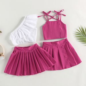 Clothing Sets Summer Children Baby Girls Clothes Set Solid Color Sleeveless Ruffle Tank Tops Pleated Skirt 2pcs Outfit 1 6Y 230630