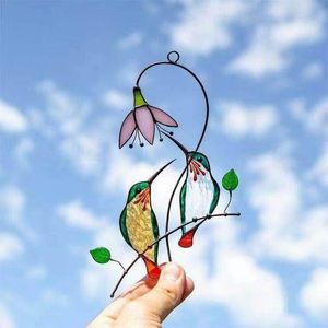 Decorative Objects Figurines 1Pc Metal Stained Glass Handicraft Garden Window Balcony Hummingbird Yard Home Wall Hanging Bird Ornament Door Decor Supplies 230701