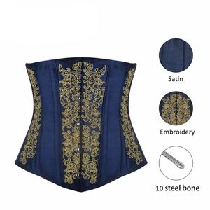 Kvinnor Brocade 10 Steel Boned Underbust Satin Padded spetsar upp korsett Slimming Midjetränare Gotisk sexig Steampunk Midja Training Cor253e