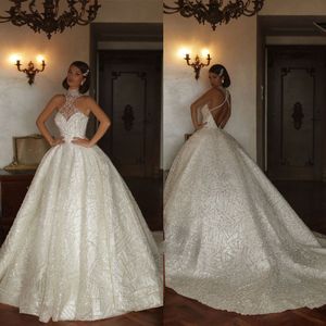 Elegant Halter Arabic Wedding Dresses Ball Gown Sleeveless Sequined Lace Bridal Dress Backless Custom Made
