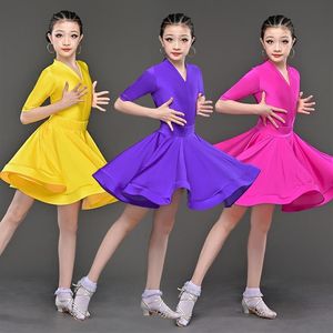 Stage Wear Girls Professional Competition Latin Dance Dresses Mid-Length Sleeved V-Neck Performance Colorful Ballroom Dress3261