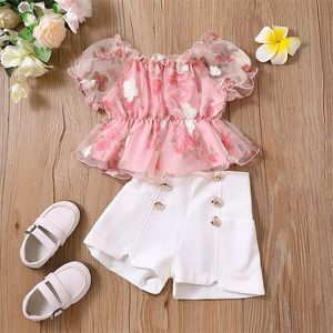 Kleding Sets ma baby 2 8Y Peuter Baby Kid Baby Meisje Kleding Kant Bloemen Bladerdeeg Mouw T-shirt Knop Shorts Kinderen Zomer Outfits d06 230630