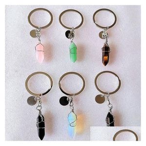 Klasyna smyczy druciane sześciokąt pryzmat reiki leczenie naturalny kamień czakra ametyst różowy kryształ róży pierścienie Keyrings Women Dhcke