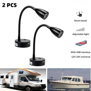 Lamps 2Pcs LED Reading Light 12V 24V Smart Touch Dimmable Flexible Gooseneck Wall Lamp For Motorhome Yacht Cabin with USB Charger PortHKD230701