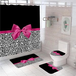 Cards Leopard Print Shower Curtain Pink Bowknot Girl Bathroom Partition Waterproof Bath Screen Toilet Bathtub Mat Set Home Decoration