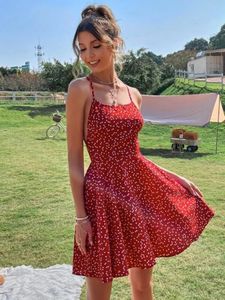 Basic Casual Dresses LiTi Print Summer Dress Confetti Heart Crisscross Tie Backless Cami Boho Beach Sundress Robe 230701