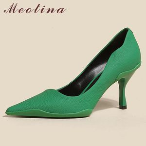 ブーツMeotina Women Shoes本物の革の細いかかとポンプ先の尖ったつま先エレガントなハイヒールレディースフットウェアスプリング秋グリーン39