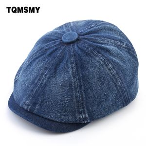 Tecido jeans lavado Boinas Outono Moda Masculino Bonés Newsboy Retro Masculino Artista Viseira Plana Chapéu Pontudo Masculino Primavera Casual Boina