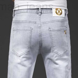 Men's Jeans designer High end European men's jeans are simple, fashionable, light gray, slim fitting, small feet, elastic, summer trend, pants length 0MNQ