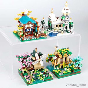 Blocchi Four Season Micro Street View Sakura Windmill Building Blocks Fisherman's Cottage Tree Assemblare giocattoli per bambini Boy R230701