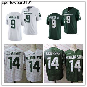 Ed 9 Kenneth Walker III MSU Football Jersey White Green 14 Brian Lewerke Jerseys