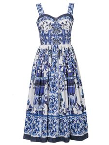 Grundläggande avslappnade klänningar sommar hoiday blå och vit porslin blomma tryck bomull dres spaghetti rem blixtlås elastisk backless midi vestidos 230701