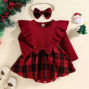 Rompers Rompers Christmas Dress Born Toddler Baby Girls Clothes Set Romper Tops Bow Long pannband 3st Xmas Year Outfit Set 220928 Z230701