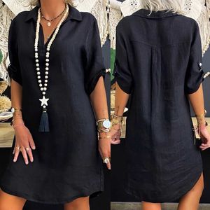 Grundläggande casual klänningar bomullslinne ol blusklänning vintage avviker krage kort ärm lös solid mini kvinnlig vestidos fyy1062 230701