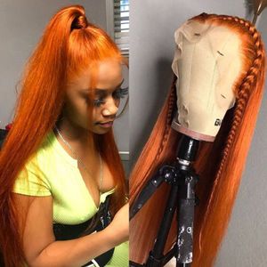Оранжевые 13X4 кружевные передние парики из человеческих волос с детскими волосами предварительно выщипанные бразильские прямые парики для женщин