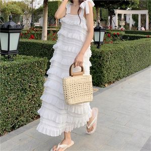 基本的なカジュアルドレス長いドレス夏のファッションルーズハイウエストストラップノースリーブブラックストラップレスマキシドレス妖精のトレンディな白いケーキスカート230630