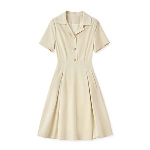 2023 Summer Apricot Solid Color Dress Kort ärm V-ringning Knappar Knäslängd Casual Dresses W3L046206