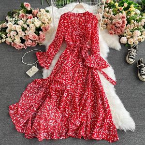 Günlük Elbiseler Yaz Maxi Kadınlar Çiçek Baskı Uzun Şifon Dantel-up Elbise V Yaka Kollu Ruffles Wrap Robe Vestidos