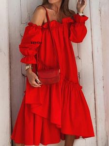 Urban Sexy Dresses VONDA Summer Robe Off Shoulder Party Dress 2023 Women Long Sleeve Irregular Hem Lace Pleated Bohemian Beach Midi Sundress 230630