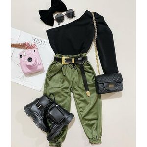 Clothing Sets 2 7Y Kids Girls Fashion Clothes Baby One Shoulder Long Sleeve T shirt Pocket Loose Pants Summer Autumn Children Outfits 230630