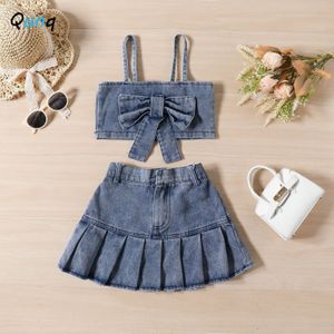 Clothing Sets Qunq 2023 Summer Ins Girls Lovely Cowboy Sling Bow Pullover Top Pleated Skirt 2 Pieces Set Casual Kids Clothes Age 3 T 8T 230630