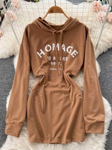 Casual Dresses Fashion Y2K Hooded Sweater Style Short Skirt Autumn Full Sleeve Cut Waist Street Women's Wear P230606